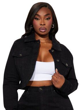 FASHION NOVA Cropped Black Denim Jacket Long Sleeve Medium NWT